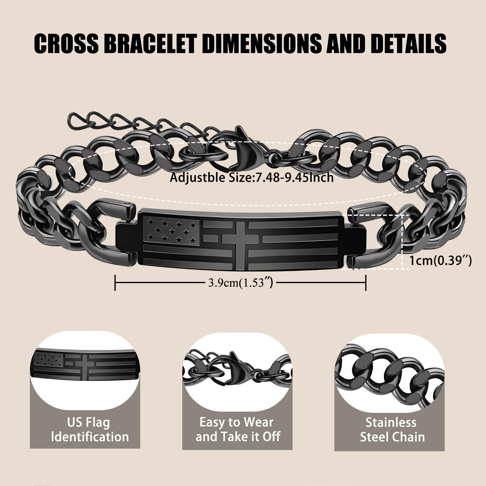 Gifts for Dad Husband Son Religious Christian Gifts Cross Bracelet for Men Teen Boys Adjustable Stainless Steel Bracelets for Men with American Flag Boyfriends Brother Grandson Baptism Birthday Gift