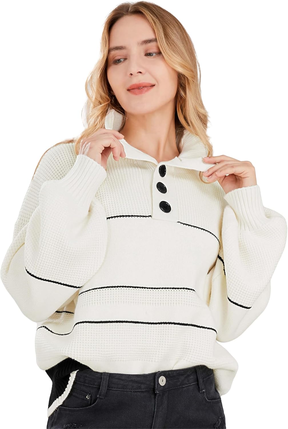 CHARTOU Women's Waffle Knit Knitwear Slouchy Striped Polo Collared Long Sleeve Pullover Sweater Tops - Image 3