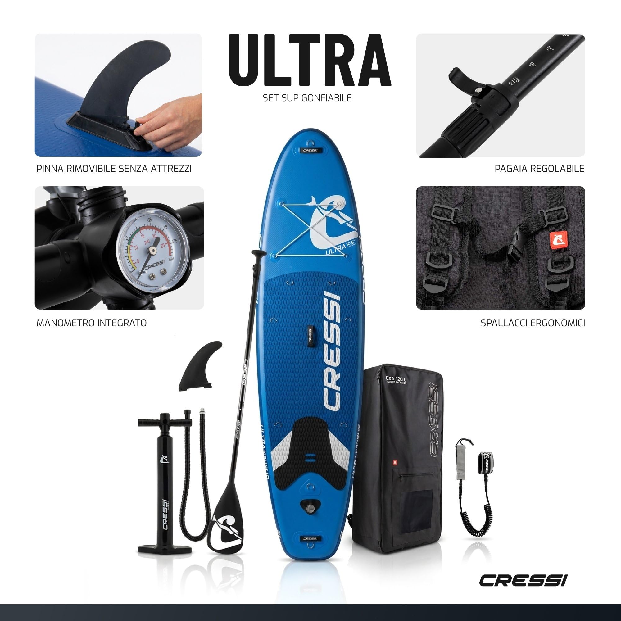 CRESSI Depuis 1946 - Ultra Isup/Kayak Set - Planche de Sup Gonflable pour Adultes, Stable et Résistante Accessoires Tous Inclus Pagaie Aileron Pompe Leash Sac Transport_320x81x15 cm Max 130 kg