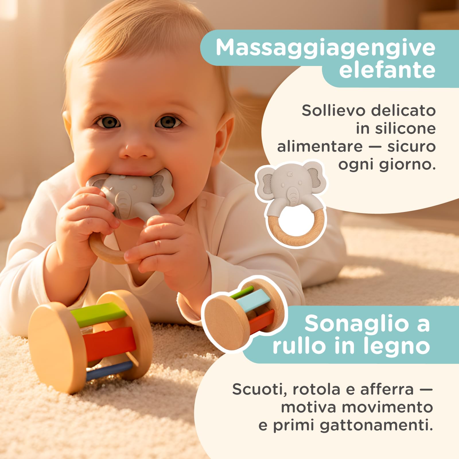 Nene Toys Giocattoli Montessori per Bebè 6–12 Mesi – Giochi Educativi Sensoriali in Legno – Scatola della Permanenza, Torre da Impilare, Libro in Stoffa, Massaggiagengive, Sonaglio & Blocchi Morbidi