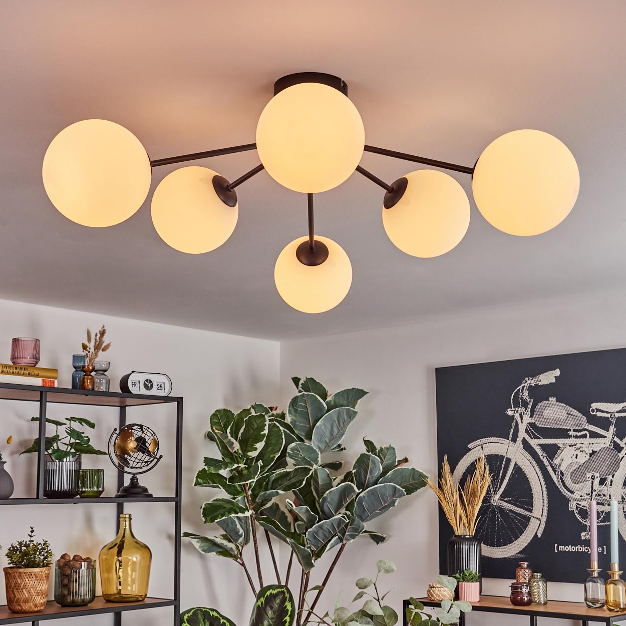 HOFSTEIN Deckenleuchte Gastor, Deckenlampe aus Metall/Glas in Schwarz/Weiß, Leuchte im modernen Retro/Vintage-Design mit Schirmen aus Glas (Ø 15 cm), 6 x E14, ohne Leuchtmittel