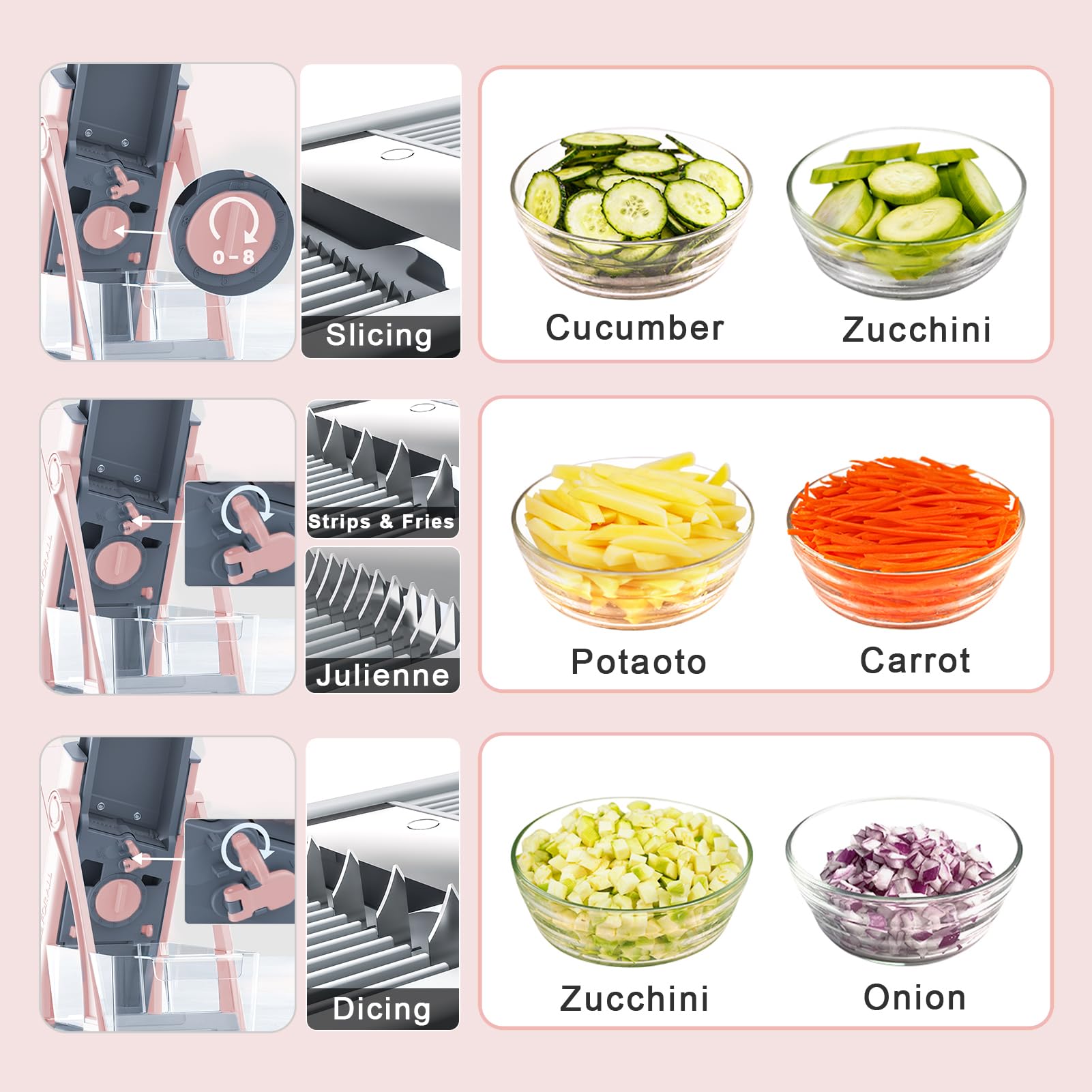 Mandolina Jonscook Todo en 1, Actualizada y Segura, para Cocina, Picadora, Cortadora de Verduras con Tazón Grande, Grosor Ajustable, Mandoline Plus (Black Knight) (Rosa)