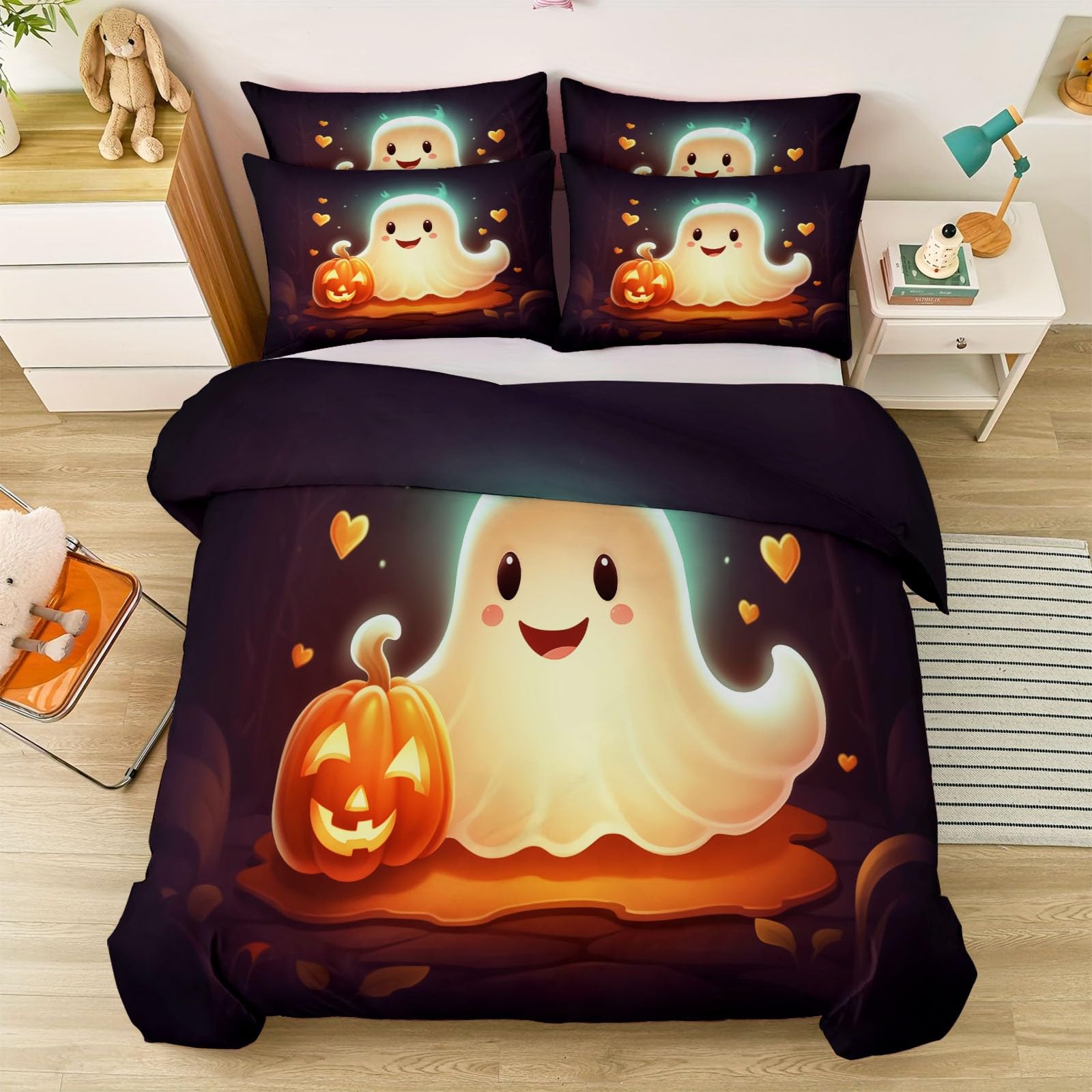 Poszwa na kołdrę 240 x 260 cm Zestaw pościeli z mikrofibry z 2 x poszewką na poduszkę, kreskówka dynia duch motyw dla dorosłych z nadrukiem poszwa na kołdrę, kolorowe zestawy pościeli