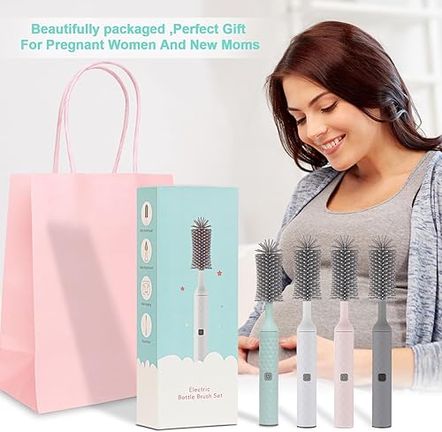 Miniatura 8 de Juego de limpiador eléctrico recargable para botellas con limpiador de cepillo de silicona de 3 piezas para biberones y cepillo limpiador de