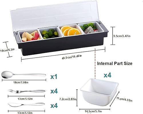 Miniatura 5 de KNC Dispensador de alimentos y condimentos refrigerado por hielo, bandeja de 4 compartimentos con tapa, 4 cucharas, 4 tenedores, 1 cuchillo de