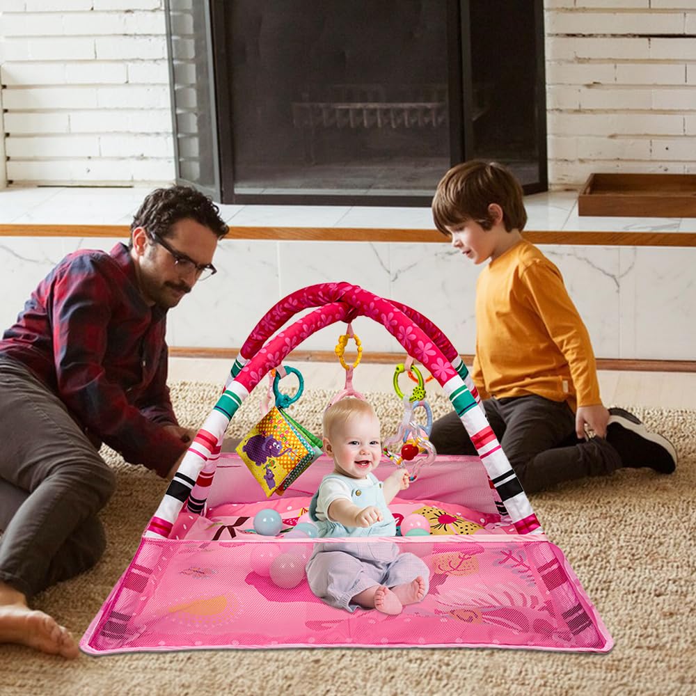 Parc de jeu bébé carré avec arche d'éveil, tapis d'activités, 18 balles de piscine incluses, pour nourrissons 0 à 3 ans，Rose