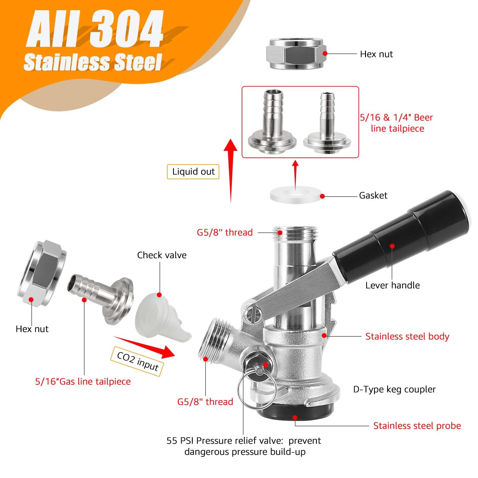 Acoplador de barril D de acero inoxidable, dispensador de grifo de barril de sistema Sankey D comercial Kegerator para línea de cerveza de 1/4 pulgadas, tubo de gas de 5/16 pulgadas, acoplador 2