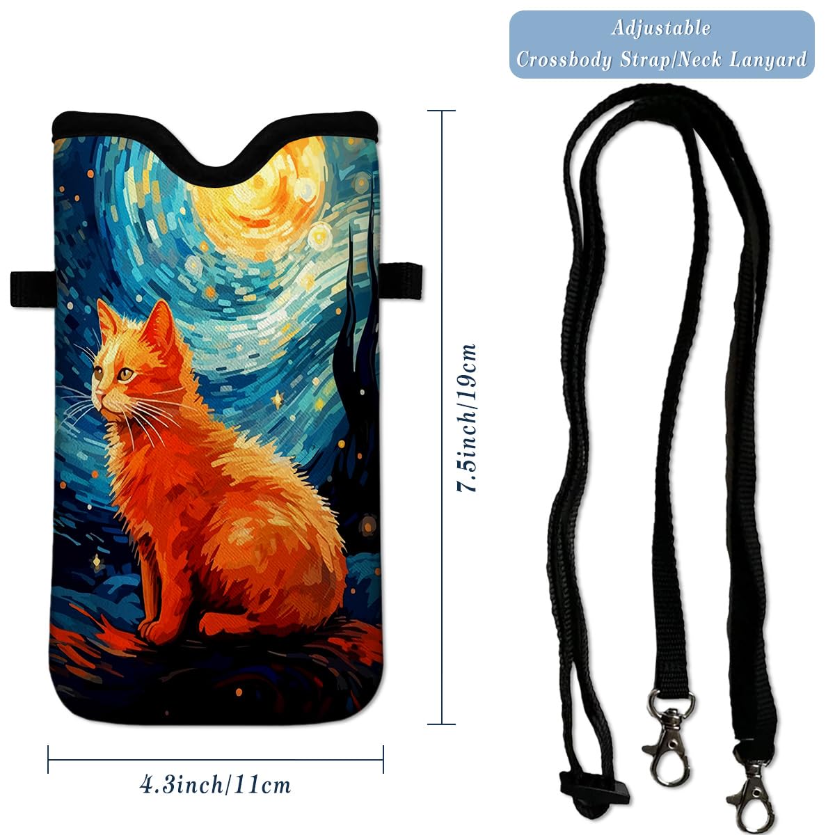 Funda de neopreno para teléfono celular de 7.5 x 4.3 pulgadas, funda de protección móvil con correa cruzada, cordón para el cuello, funda para teléfono celular, pintura al óleo de gato galaxia