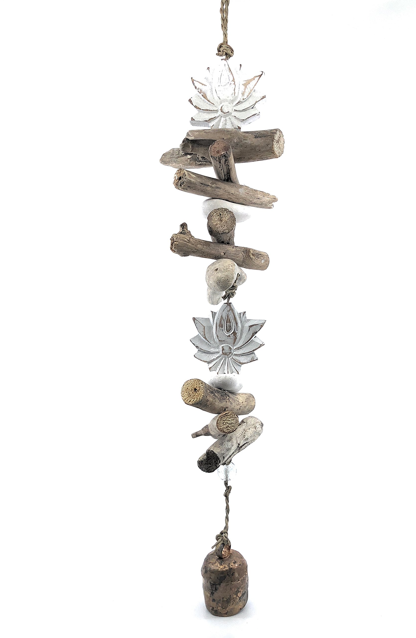 Lotus Flower Yoga Wind Chime Namaste Bleached Driftwood Windchime Soothing Nana Bell (Double Lotus Flower)