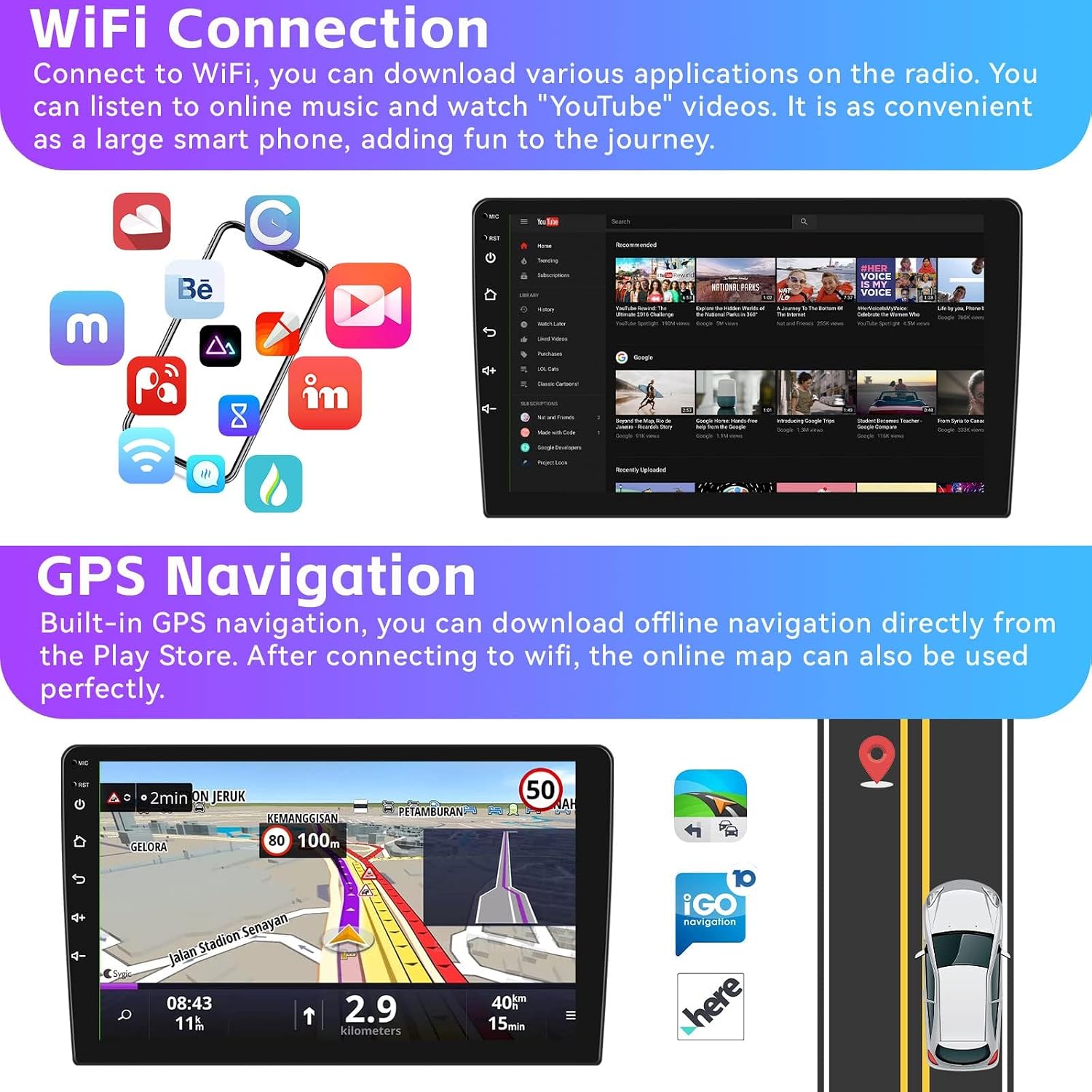Screenshots showing Wi-Fi connection interface and GPS navigation map on the car stereo.