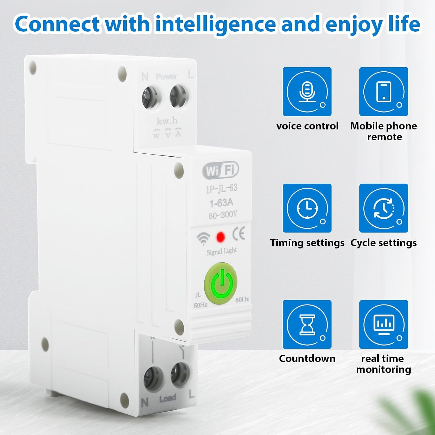 DEWIN Smart Circuit Breaker with icons for voice control, mobile phone remote, timing settings, cycle settings, countdown, and real-time monitoring.