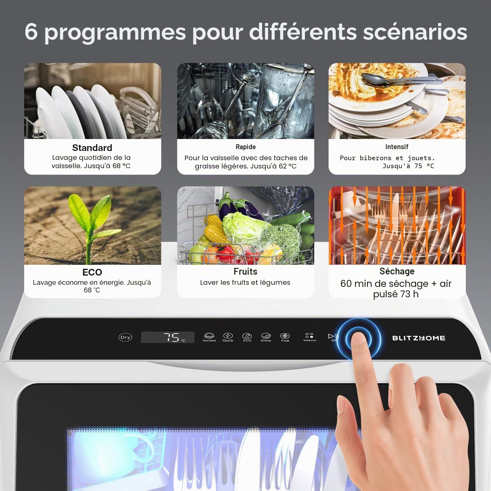 Mini lave-vaisselle BLITZHOME, contrôle par application, 6 programmes, lave-vaisselle de table intelligent et portable avec réservoir d'eau de 5L, utilisable avec ou sans raccordement à l'eau, séchage