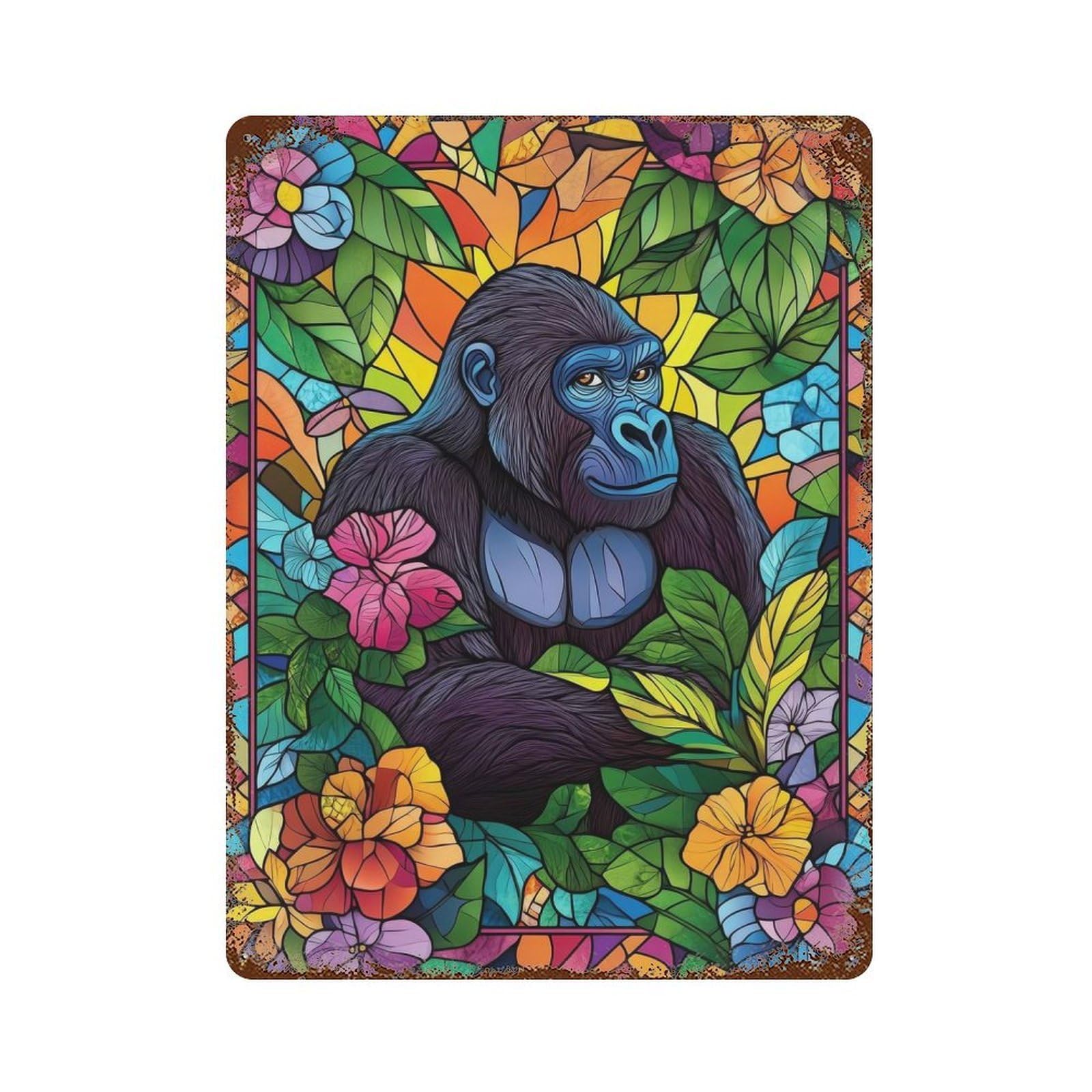Garage Style Gorilla in Jungle Stained Glass Weathered Tin Sign 15.7"x11.8", Classic Wall Plaque for Bar And Workshop