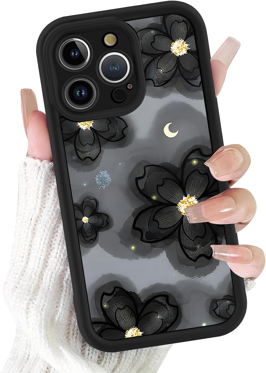 Cute Black Flower Moon Phone Case for iPhone 14 Pro Max 6.7"