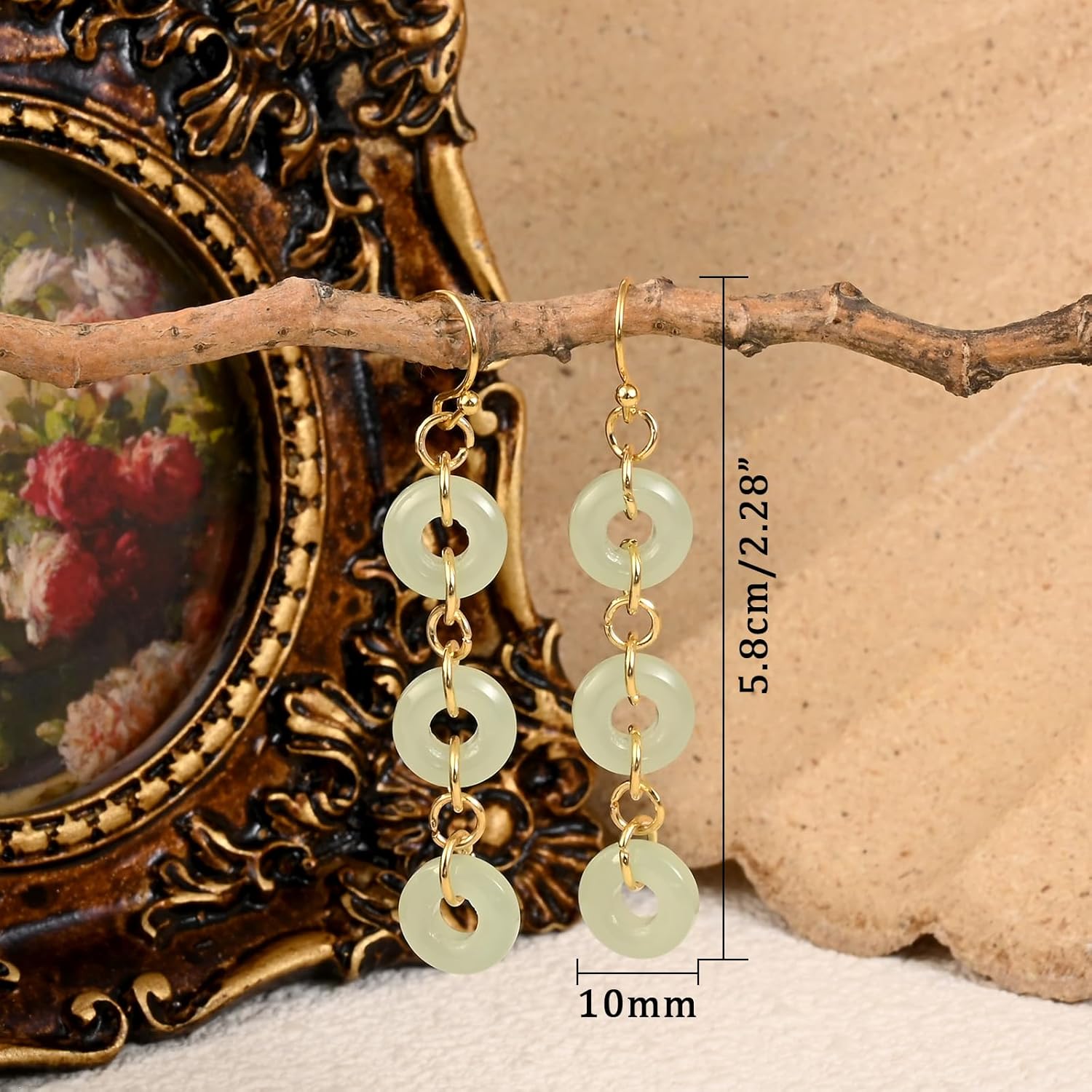 Gold Dangle Jade Earrings for Women with Three Green Jade Circles Long Elegant Statement Earrings Emerald Green Jewelry - Image 5