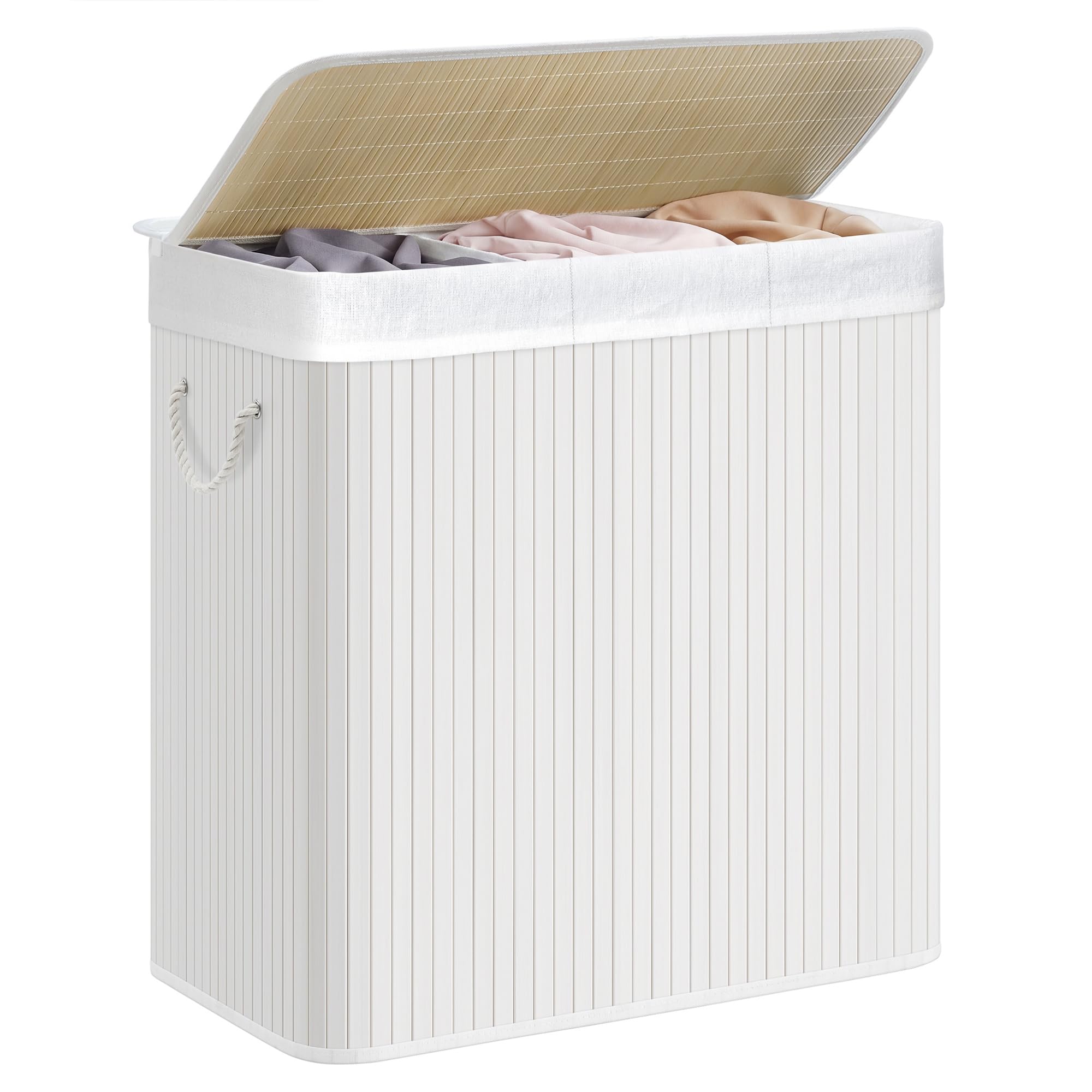 Songmics Laundry Hamper Basket With 3 Sections, Clip-On Lid And Handles, 150L Foldable, For Laundry Room, Bedroom, Bathroom, White Lcb091w01