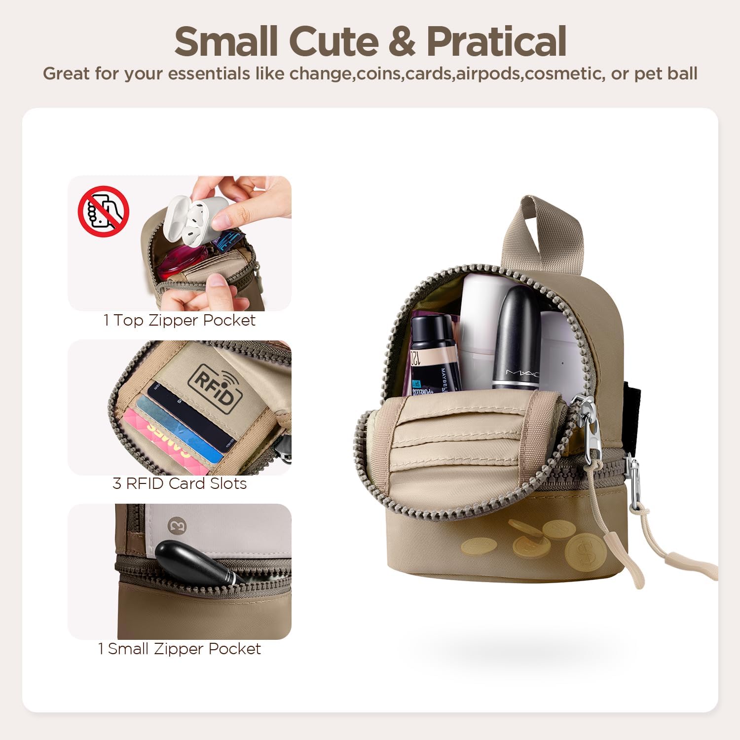 Babysun Mini Backpack Keychain Wristlet Pouch Small Change Coin Purse Cute Zipper Wallet With 3 RFID Card Slots For Women/Men Airpods Cosmetics - Image 4