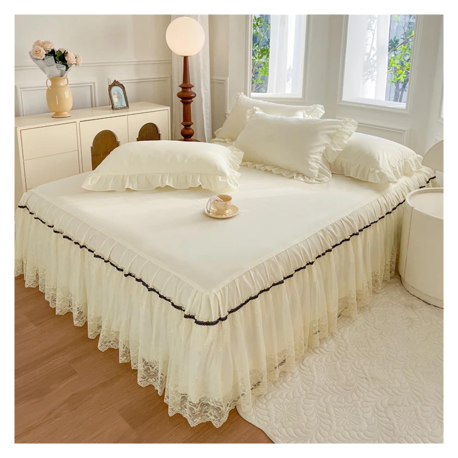 Lace Bed Skirt With Pillowcases Bedding Bedspreads Sheet Solid Color Lace Bedding Set(05,200x220cm 3pcs)