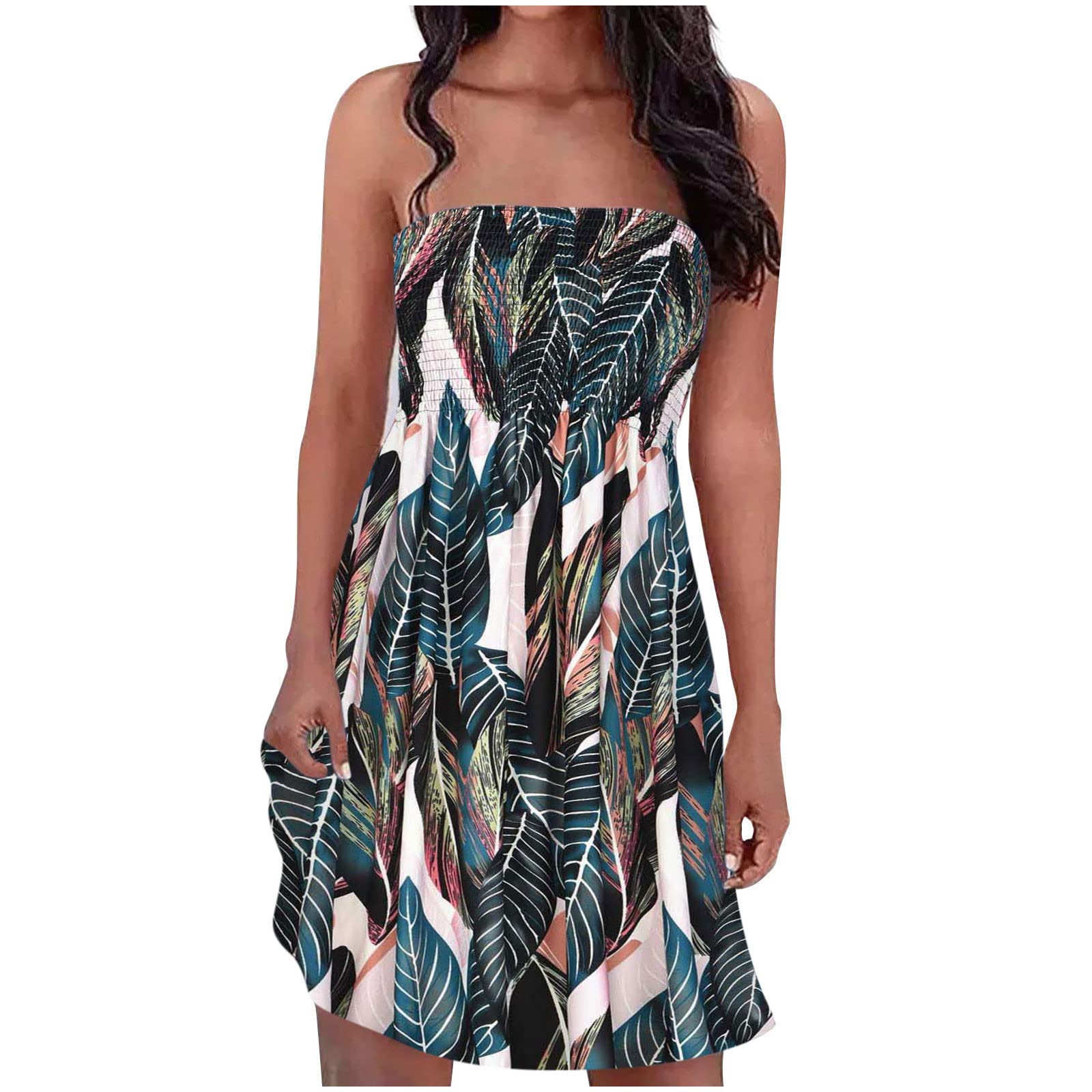 2022 Bandeau Dresses for Women UK Strapless Boho Shirred Tube Top Dress Pleated Sleeveless Party Dress Hawaiian Sundress