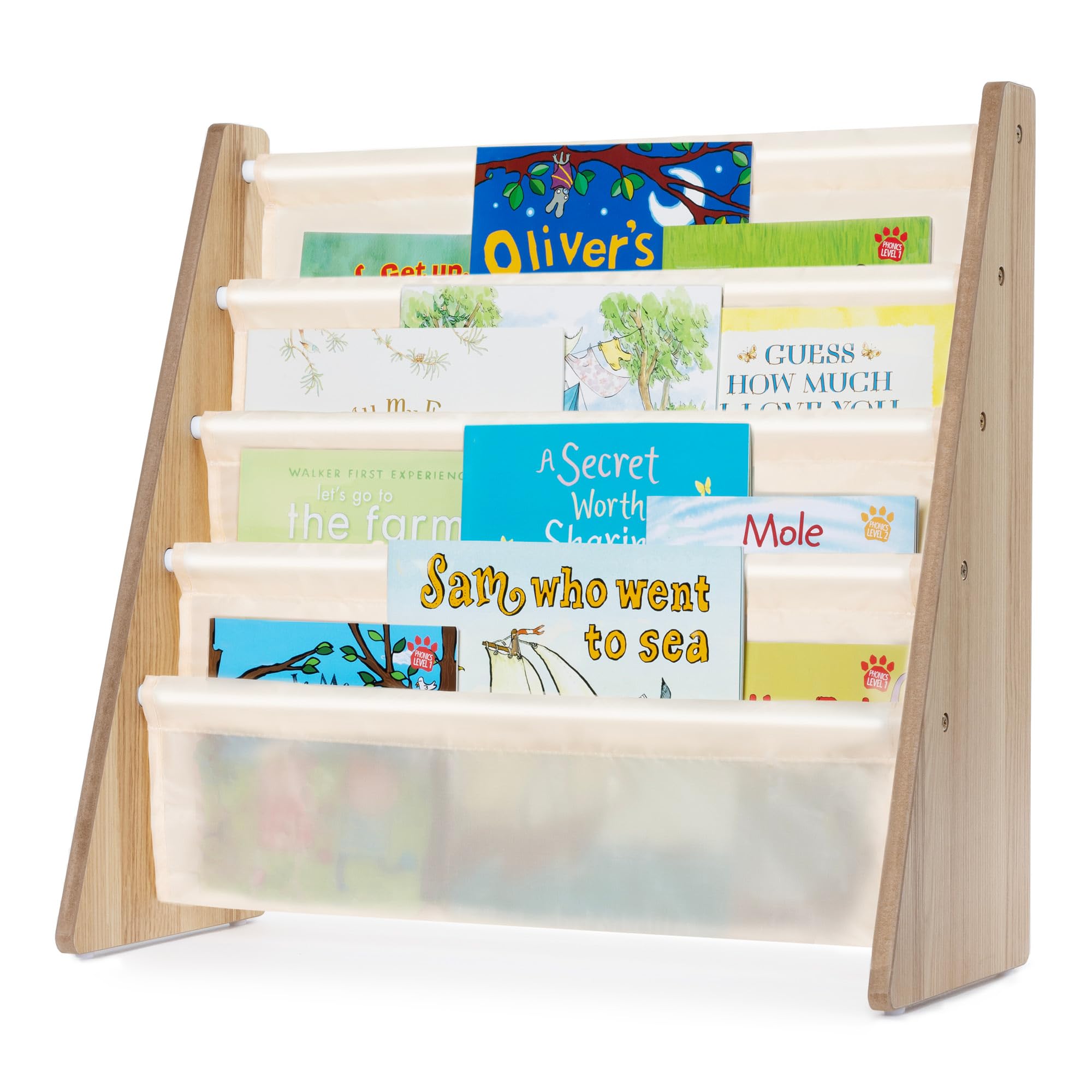 LIVIVO ® Childrens Colourful Sling Storage Bookshelf – Easy Access Wooden Book Rack Storage with Soft Nylon Fabric Shelves to Protect your Kids Books – Perfect Height for your little reader (Natural)-image-39