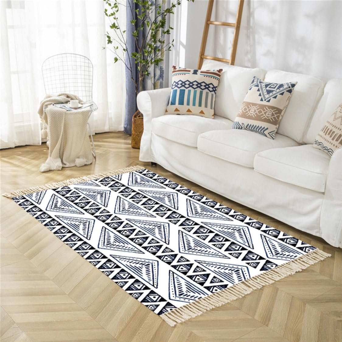 120x160cm 幾何学模様ラグ フリンジ付き