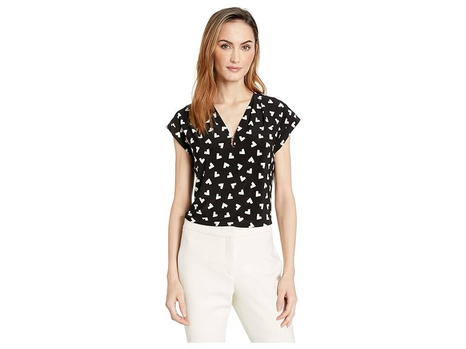 

Anne Klein Printed ITY V-Neck Pleat Top (Anne Black/Anne White) Women's Clothing