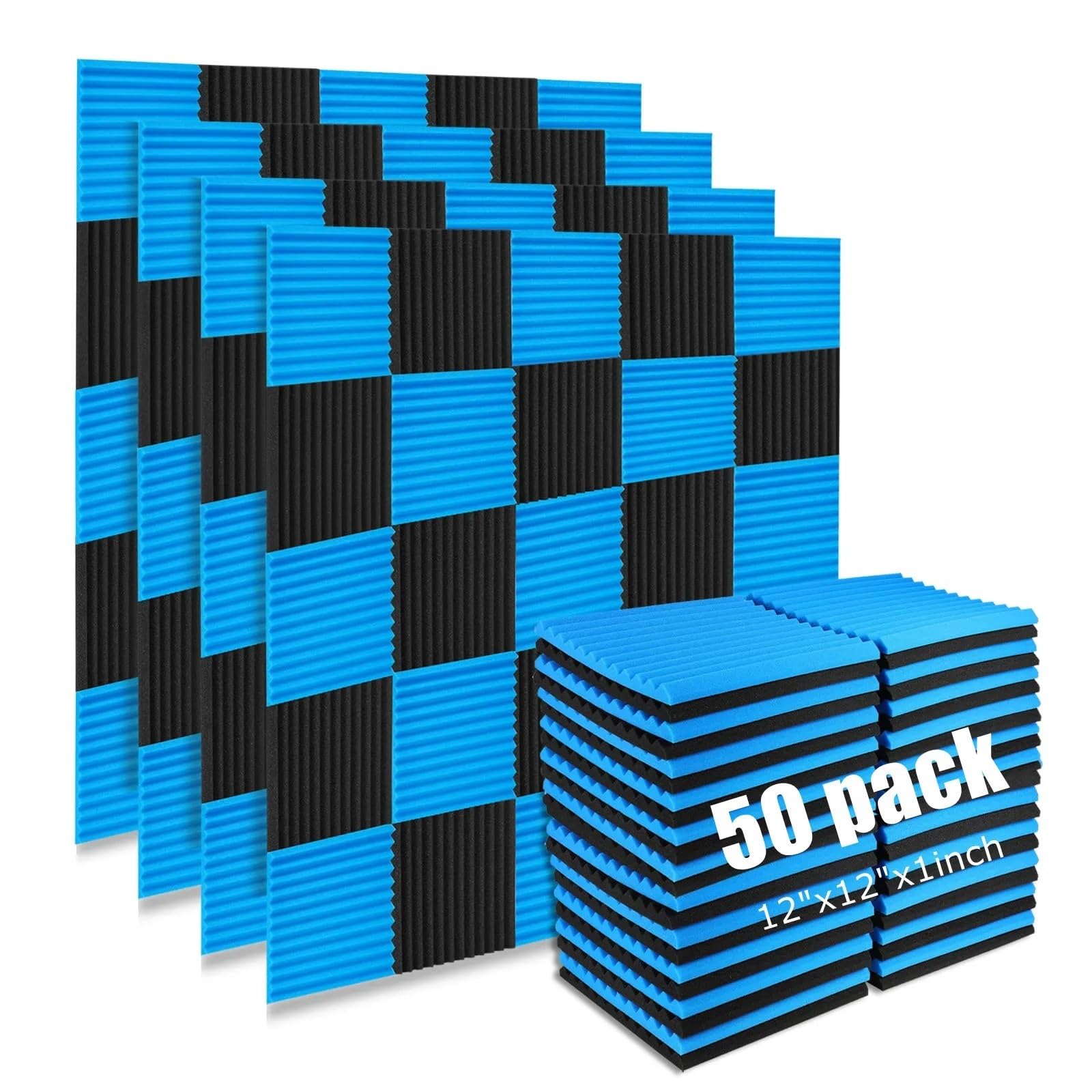Paquete de 50 paneles acústicos estudio 1 "X 12" X 12 ", cuña espuma a prueba sonido, Panel absorbente, aislamiento acústico Para amortiguar el sonido(25Black25Blue)