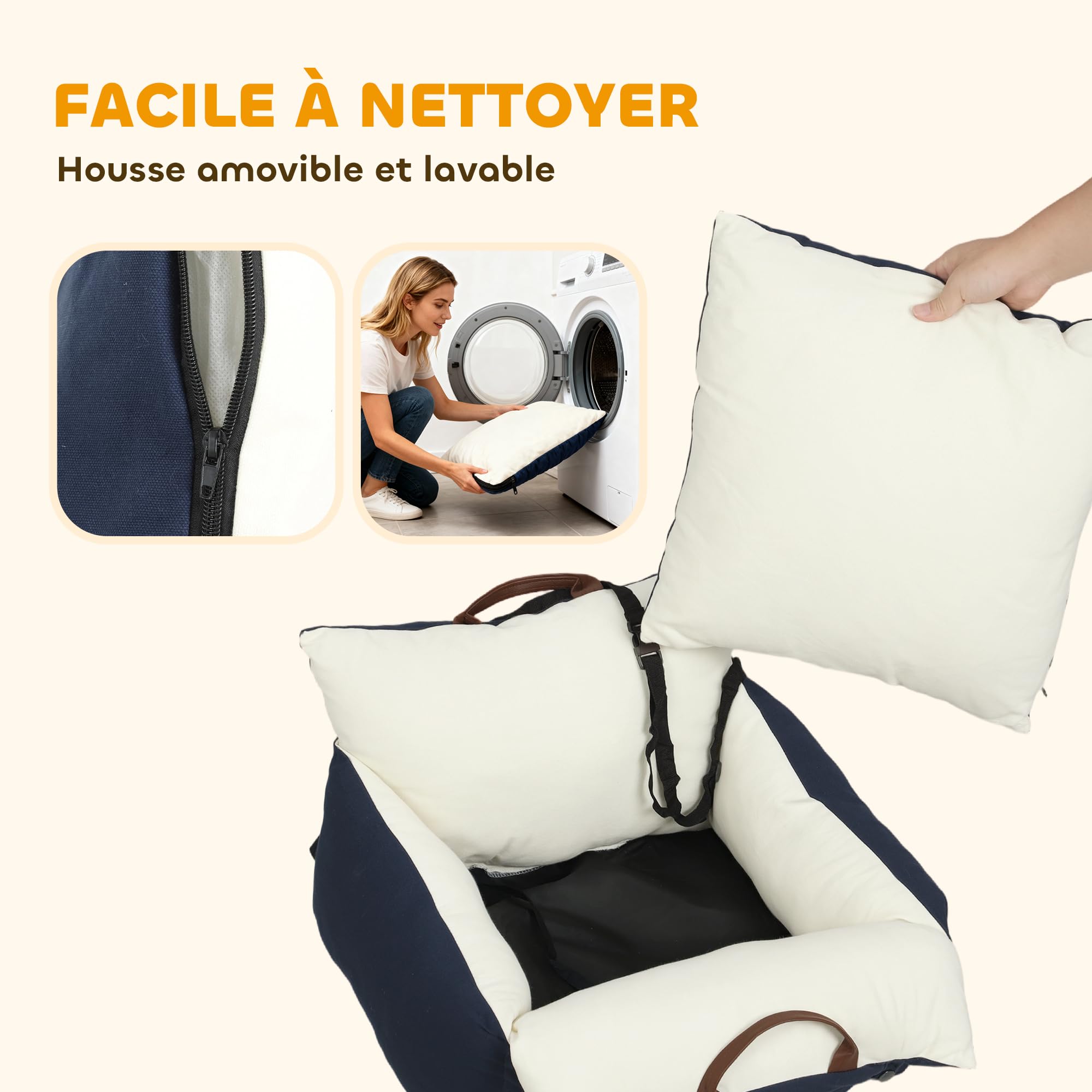 PawHut Siège Auto pour Chien avec Ceinture de sécurité et Fixation, siège de Voiture pour Chiens rembourré Confortable Portable jusqu'à 5kg, Panier Voiture pour Animal Coussin Amovible, Bleu Marine