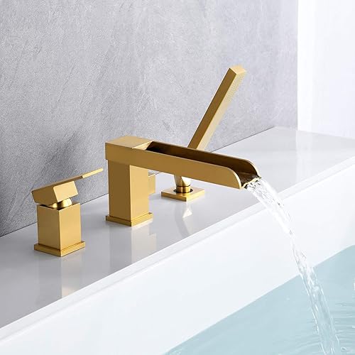 Miniatura 3 de Grifos de Cascada para Bañera Romana de Montaje en Cubierta, Grifos de Bañera de Oro Cepillado, Grifos de Bañera de Latón con Relleno de Bañera,