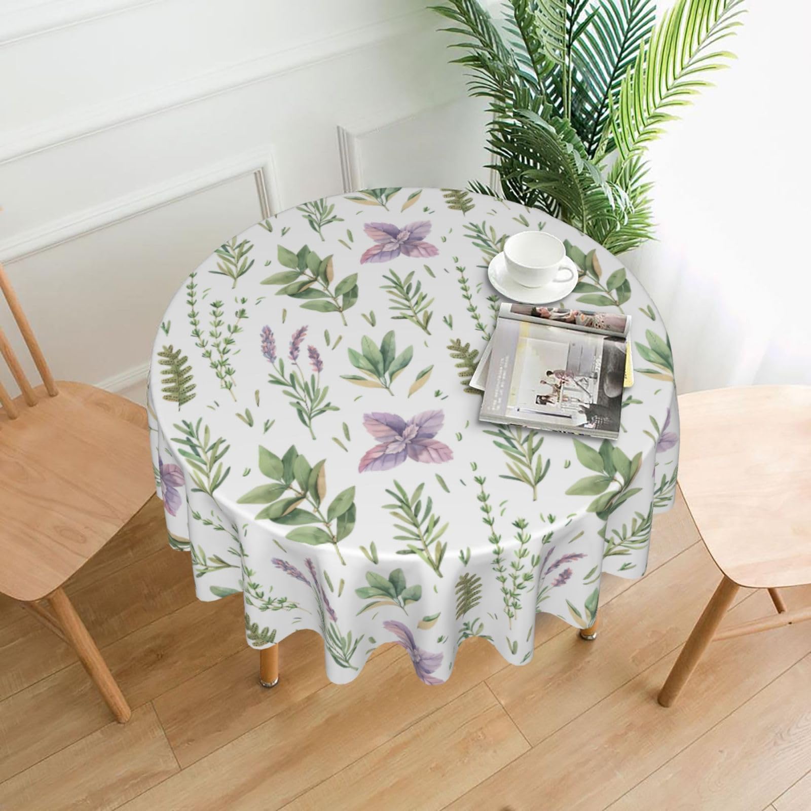 WHJSHOP Green Flower Herb Sage Leaves and Branches Prints Round Decorative Tablecloth 60in – High-Grade Polyester Throw Cover for Dining Table Protection & Elegant Home Decor