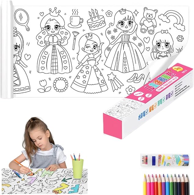 Children's Drawing Roll, Coloring Paper Roll for Kids, Drawing Paper Roll DIY Painting Drawing Paper, Painting Drawing Color Filling Paper for Kids with Colored Pencils (Cute Princess)