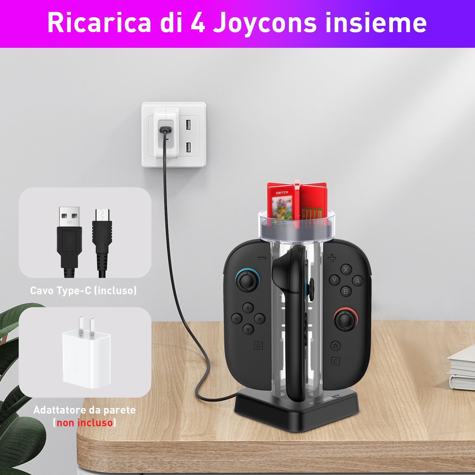 LONGYI Dock di ricarica per JoyCon di Switch 2, Stazione di Ricarica Magnetica con 5 Modalità di illuminazione, Caricatore per Controller con 6 Giochi per Gli Accessori di Switch 2
