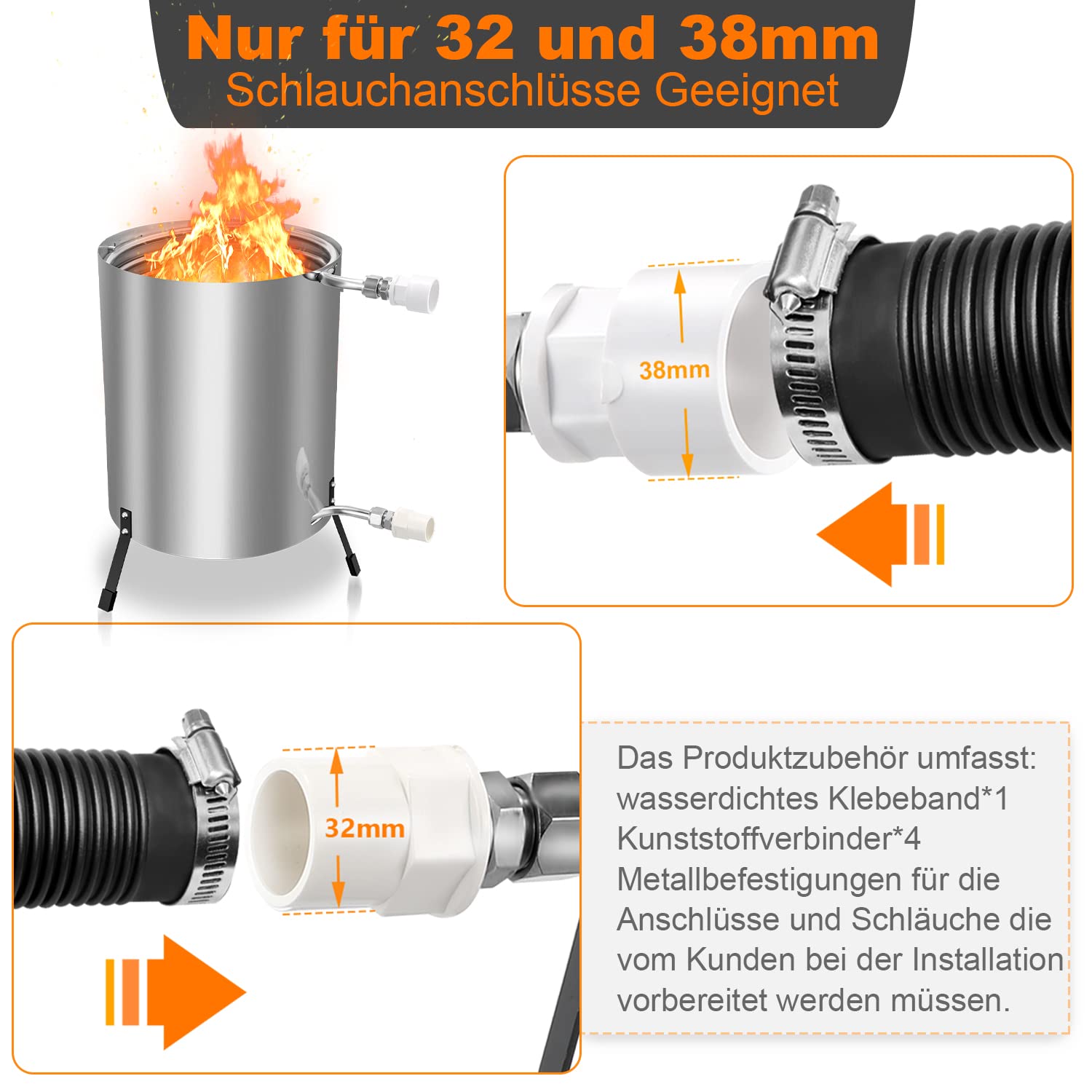 Gimisgu Brennholz Poolheizung, Poolheizung mit Feuer, Poolheizung Feuertonne, Edelstahl Pool beheizt Feuer Eimer 32/38mm Anschlüsse, 100% rostfreier Edelstahl mit Feuerfeste Matte und Tablett