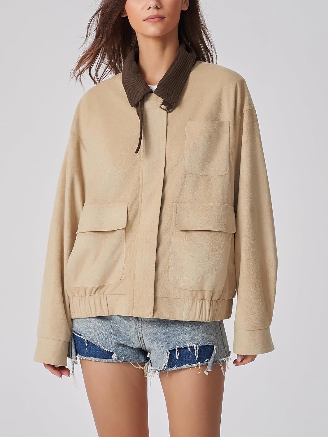 LADYFUL Women's Faux Suede Leather Jacket Casual Fall Winter Oversized Bomber Barn Coat Corduroy Collar Trendy Outerwear - Image 5