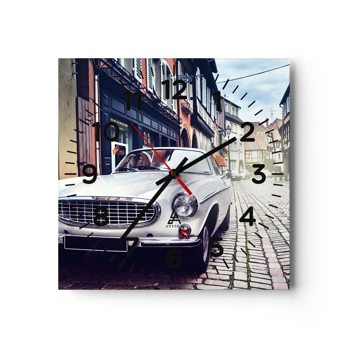 ARTTOR Zegar ścienny na szkle samochód ulica dom Nowoczesny 30x30 cm Dekoracja ścienna Salon Sypialnia Kuchnia Deko Cichy zegar na ścianę Duży Wall Clock Dekor C4AC30x30-3677