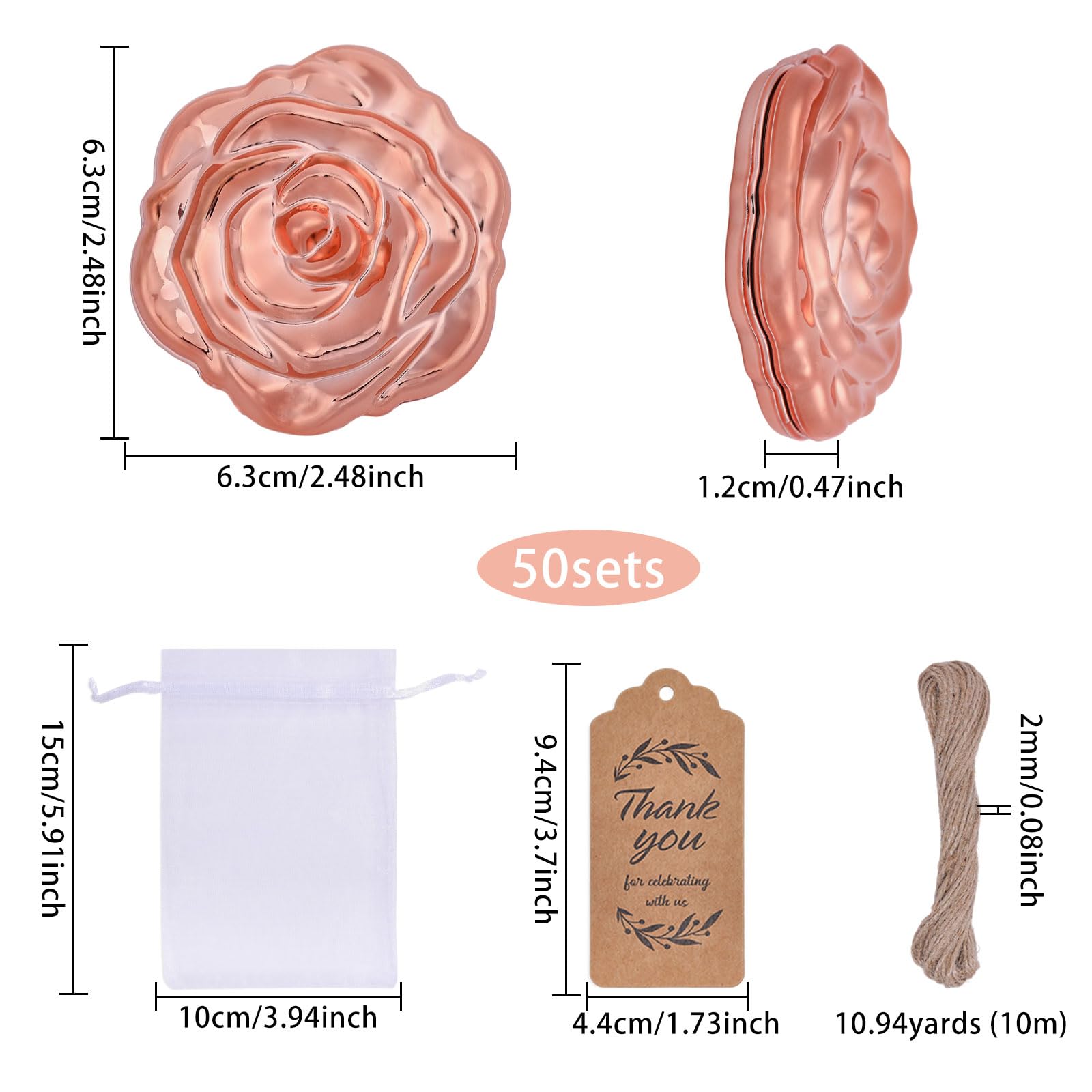 FREEBLOSS Lot de 50 Miroir de Poche Rose Compact 3D avec 50 Cartes et 50 Pochettes en Organza Idéal pour Un Mariage Un Anniversaire Une Fête Prénatale Ou Un Voyage 2.5" Tour