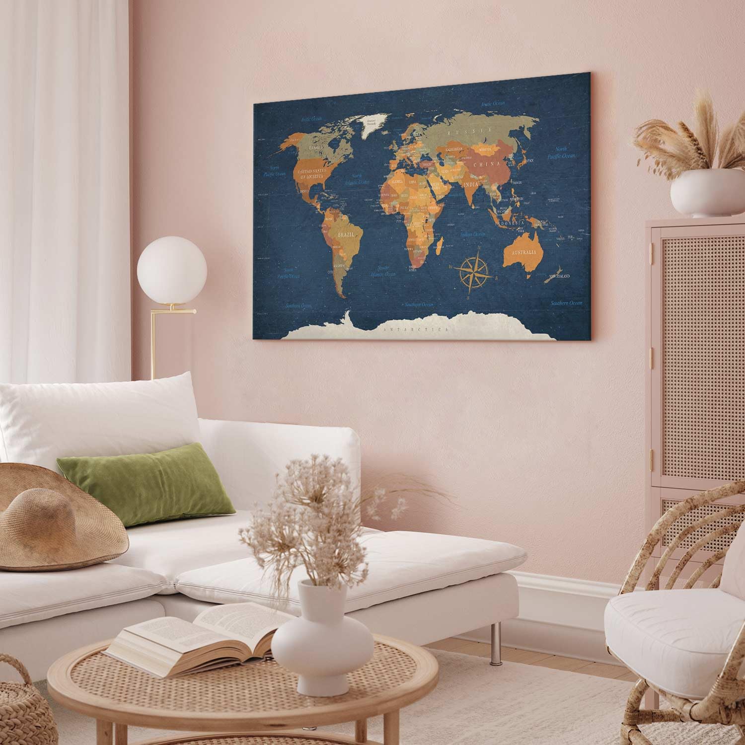 Quadro Mappamondo Su Tela 120x80 Cm - Stampa XXL, Arte Moderna, Decorazione Parete, Continenti Terra