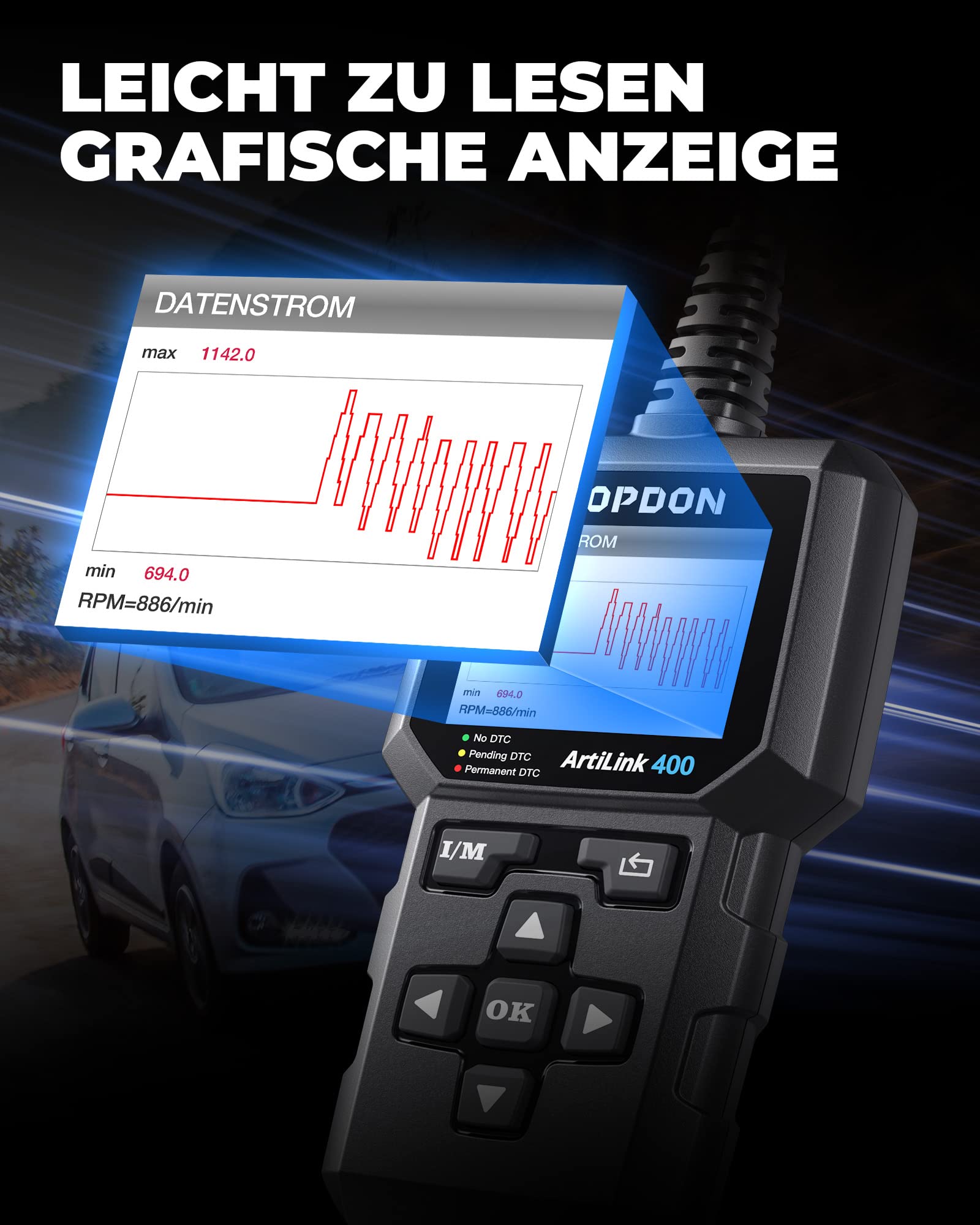 TOPDON AL400 OBD2 Diagnosegerät, 10 OBD2 Modi, One Touch I/M Bereitschaftstaste, 2,4 Zoll TFT Farbbildschirm, für EU Autos ab Baujahr 2000, lebenslange Updates