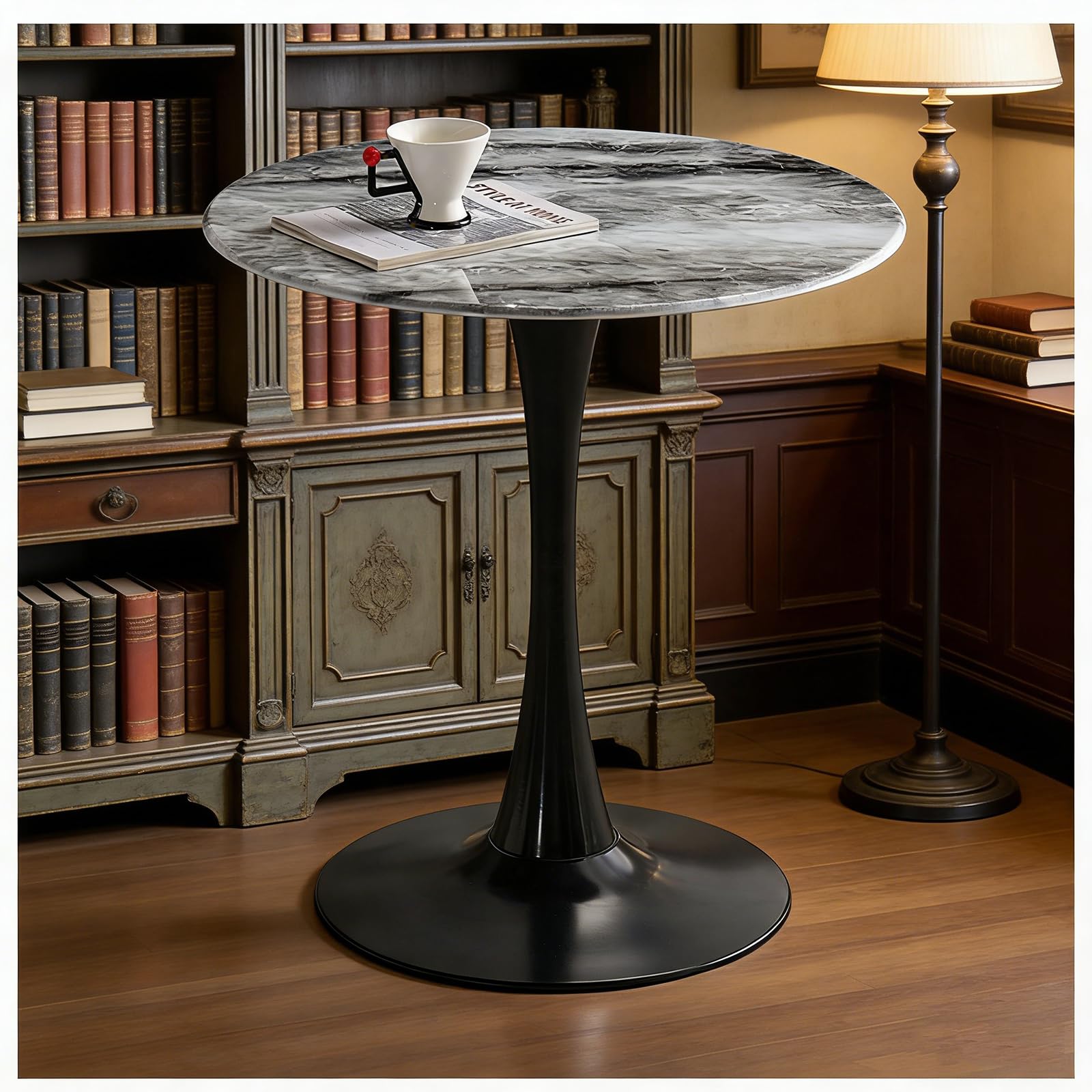 Jhaismao A Round Sintered Stone Coffee Bar Table Modern High-Gloss White Marble Top With Black Pedestal Base For Kitchen, Dining, Home Cafe, Coffee Shop & Restaurant(Size:70x70x74cm,Color:a)