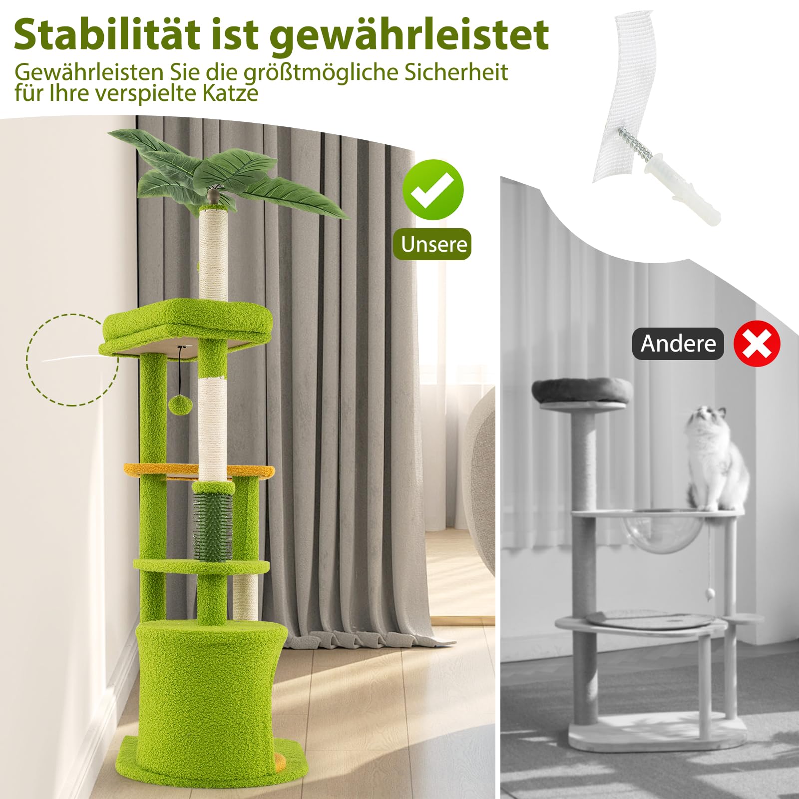 COSTWAY Kratzbaum, Katzenbaum mit Katzenhöhle, künstlichen Blättern, Katzenbürste, Liege, Sisal-Kratzpfosten, Plattformen & Bällen, Kletterbaum Katzen Katzenkratzbaum, 122 cm hoch, Grün+Orange