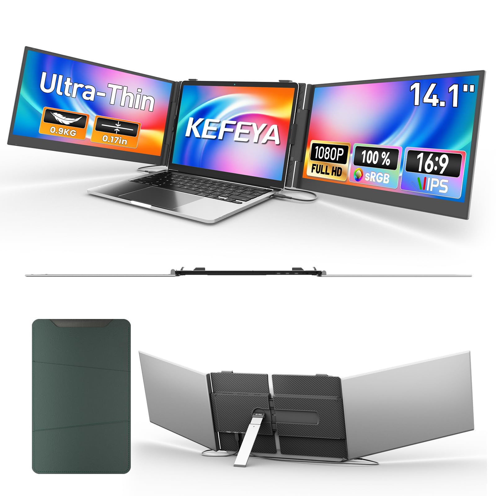 KEFEYA Monitor Portatile 14,1" FHD Ultra-Sottile e Leggero | Triplo schermo con supporto girevole – ideale per lavoro e multitasking. Compatibile con Mac/Windows/Android/Huawei.