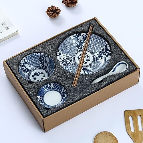 Gegong Juego de vajilla de porcelana azul y blanca, platos, cuenco, cuchara, palillos, servicio para 1, juego de cerámica esmaltada colorido,