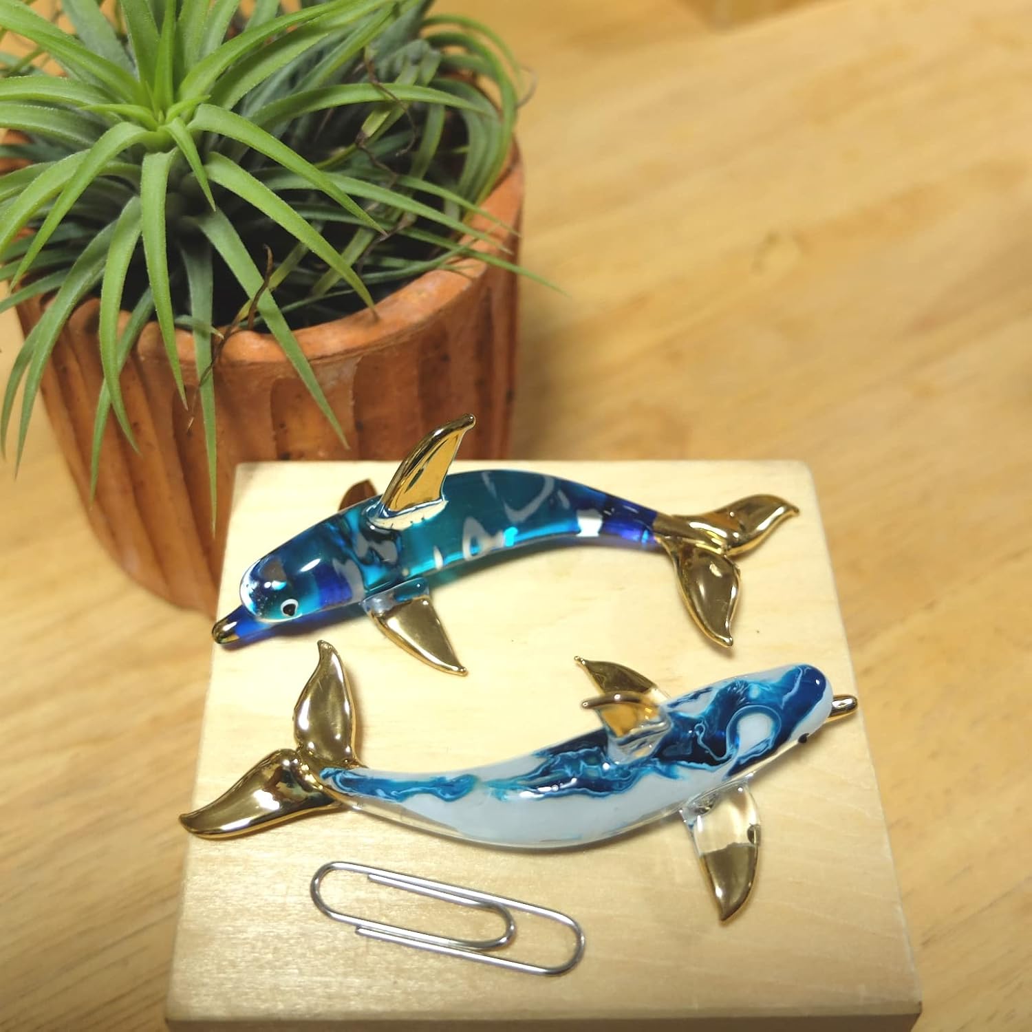 (Bundle of 2) Handmade Mini 3 inches Blue Dolphin Blown Glass Art Ocean Sea Animal Figurines Art, Cool Stuff, Sea Animals, Home or Garden Decor Gift Ideas (Ocean Wave and Current)