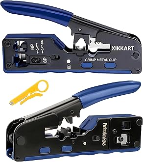 - Cat7 RJ45 Crimping Pass through Tool Kit, Ethernet Pass Through Crimper with Cutter & Stripper, for Cat6A Cat6 Cat5e Cat5, Shielded RJ45 RJ12 LAN Network Cable Repair Tool, RJ45 Crimper(Blue)