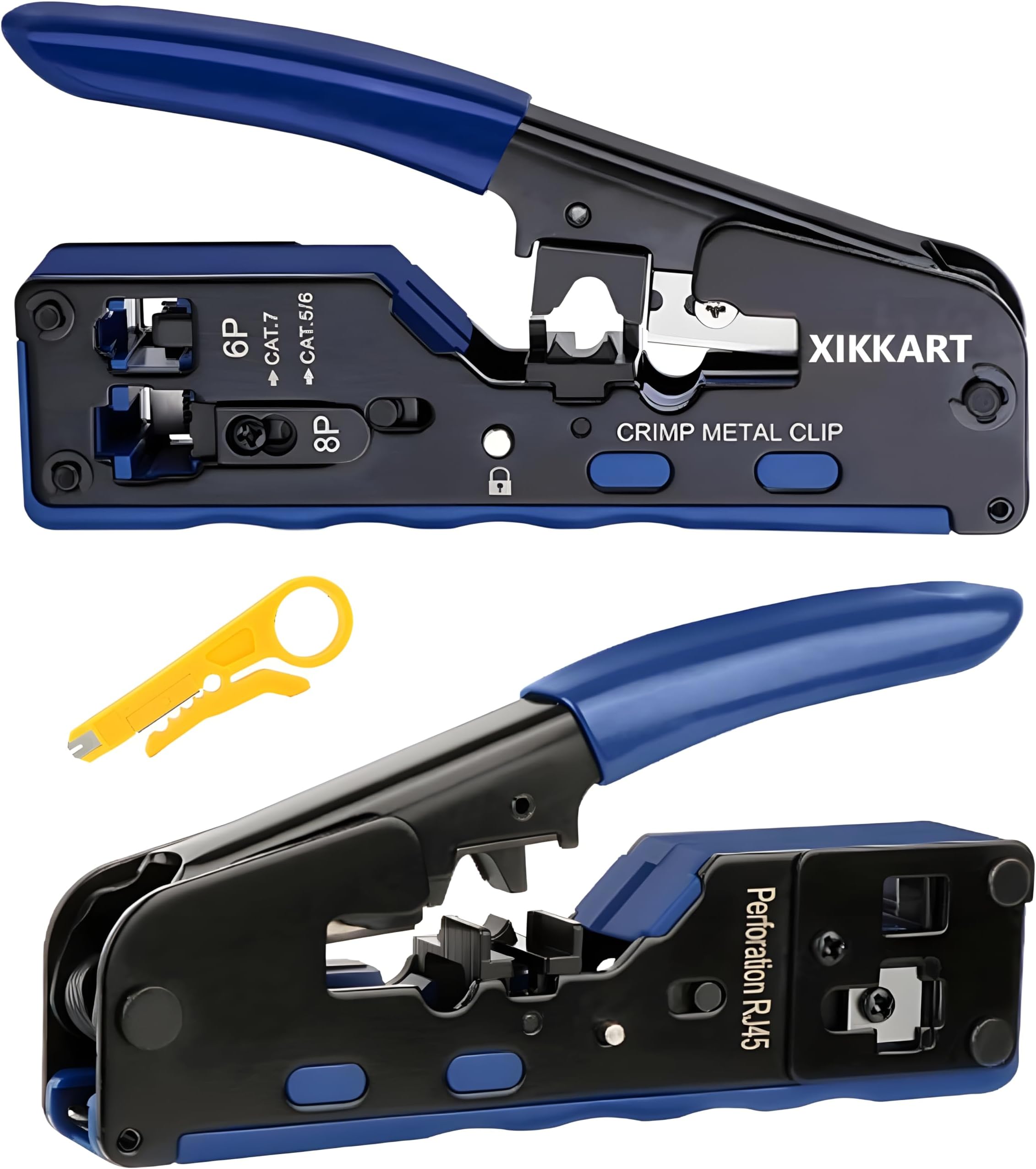 - XIKKART Cat7 RJ45 Crimping Pass through Tool Kit, Ethernet Pass Through Crimper with Cutter & Stripper, for Cat6A Cat6 Cat5e Cat5, Shielded RJ45 RJ12 LAN Network Cable Repair Tool, RJ45 Crimper(Blue)