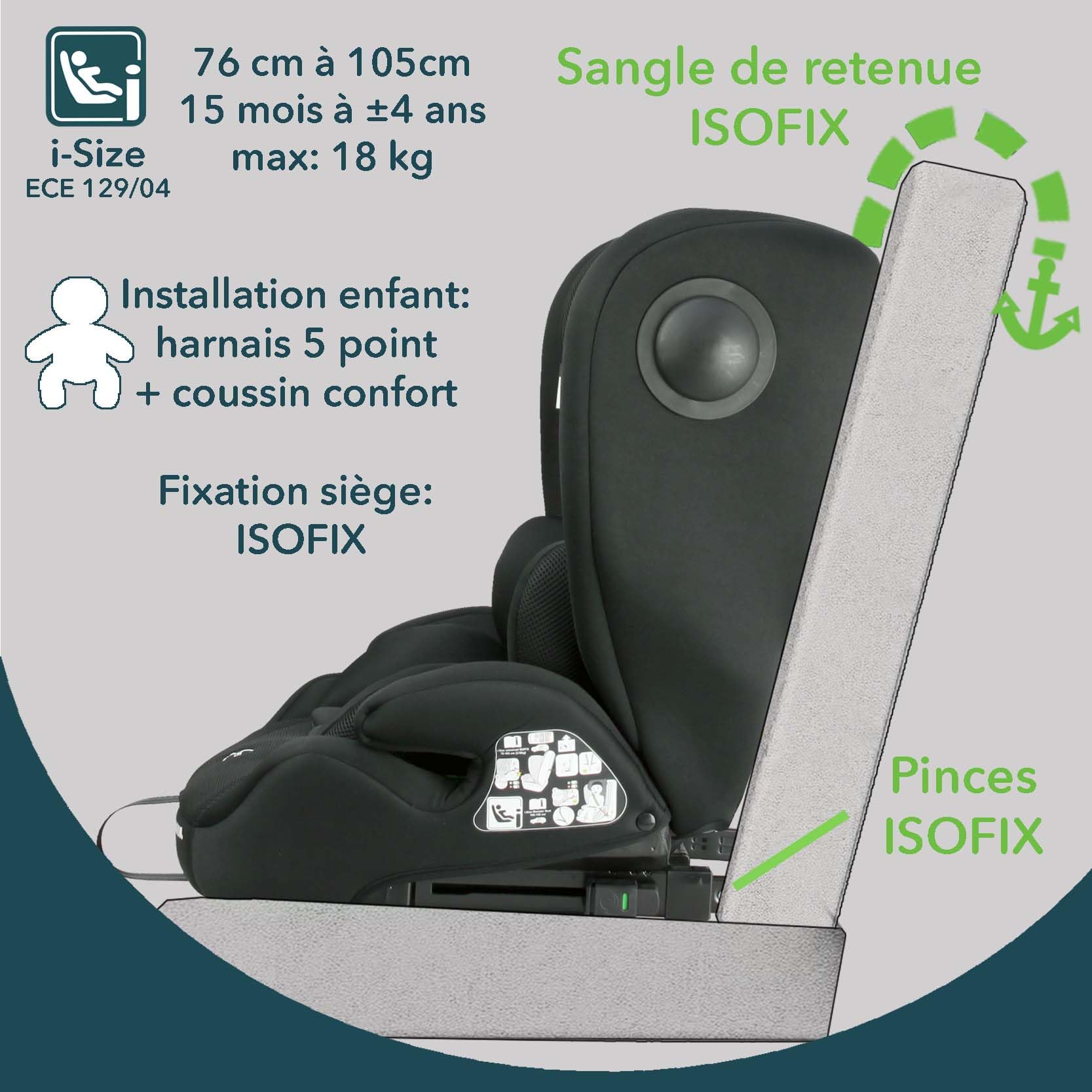Siège auto ISOFIX évolutif réhausseur i-Size ECE R129/04 - face à la route de 76 cm à 150 cm - à partir de 15 mois jusqu'à 12 ans - max 36 kg