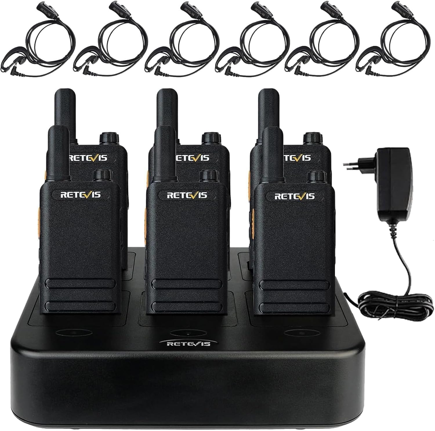 Retevis RT622P Walkie Talkies für Erwachsene, Wiederaufladbares Funkgerät mit 6-Wege-Ladegerät, 1620 mAh, 15 mm Ultradünn, VOX- PMR446 Walkie Talkie mit Ohrhörern für die Schule (6 Stück, Schwarz)