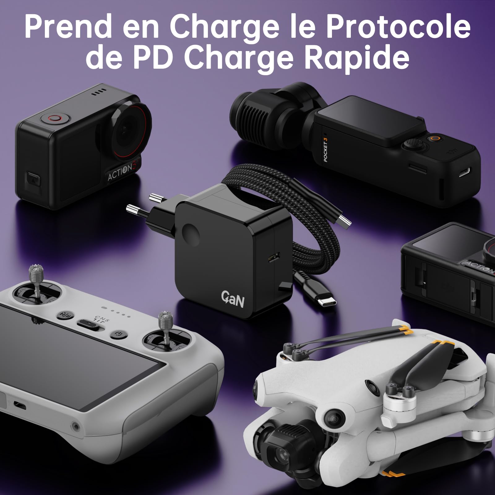 GaN 67W USB C Chargeur pour DJI Drone Mini 5 Pro/4 Pro/3 Pro/3/Neo 2, Mavic 3 Pro/3 Classic, Air 3S/3, Avata 2, Osmo 360/Action 6/5 pro/4, Pocket 3/2, Nano, Mobile 8/7 Pro/7/6, 65W Type C Alimentation