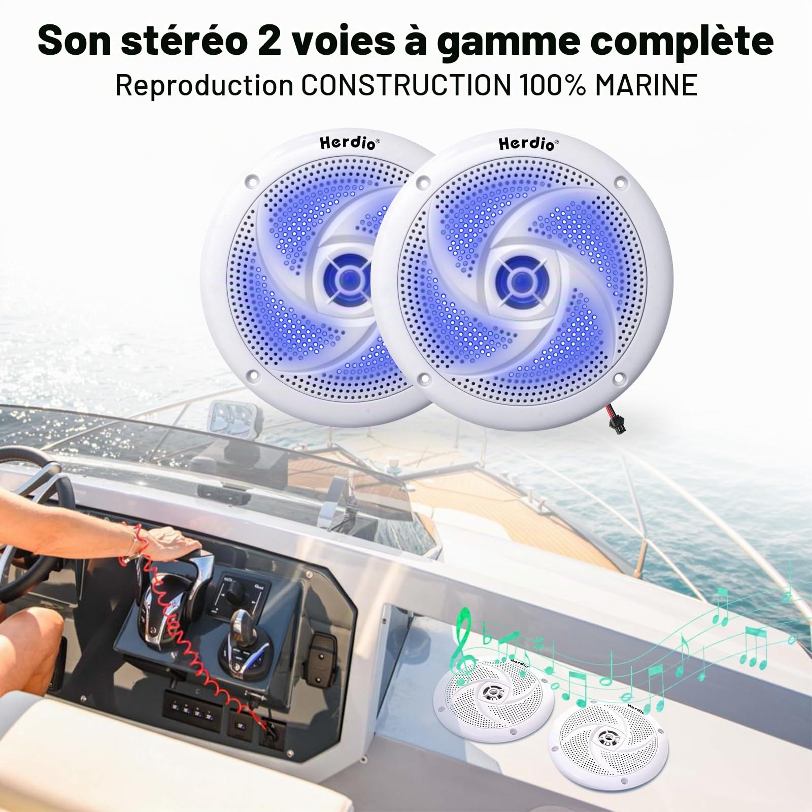Herdio 6.5 inch 240W Haut-parleurs Marins étanches - 2 Voies résistants aux intempéries avec lumières LED, et Style Mince à Profil Bas pour Bateaux et véhicules récréatifs (Blanc)