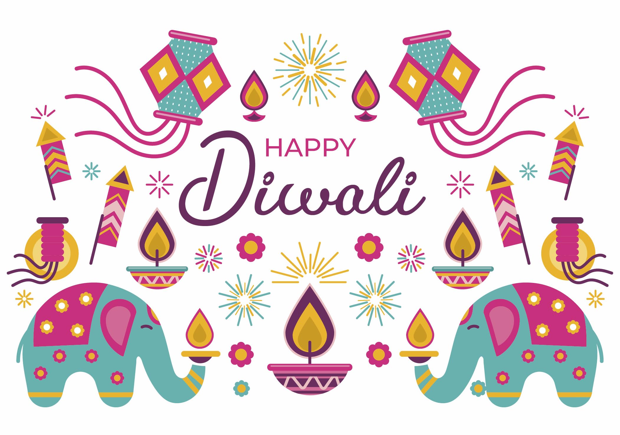 Colourful Elephants and Fireworks Happy Diwali Greeting Card 125mm x 178mm Including Envelope GC741